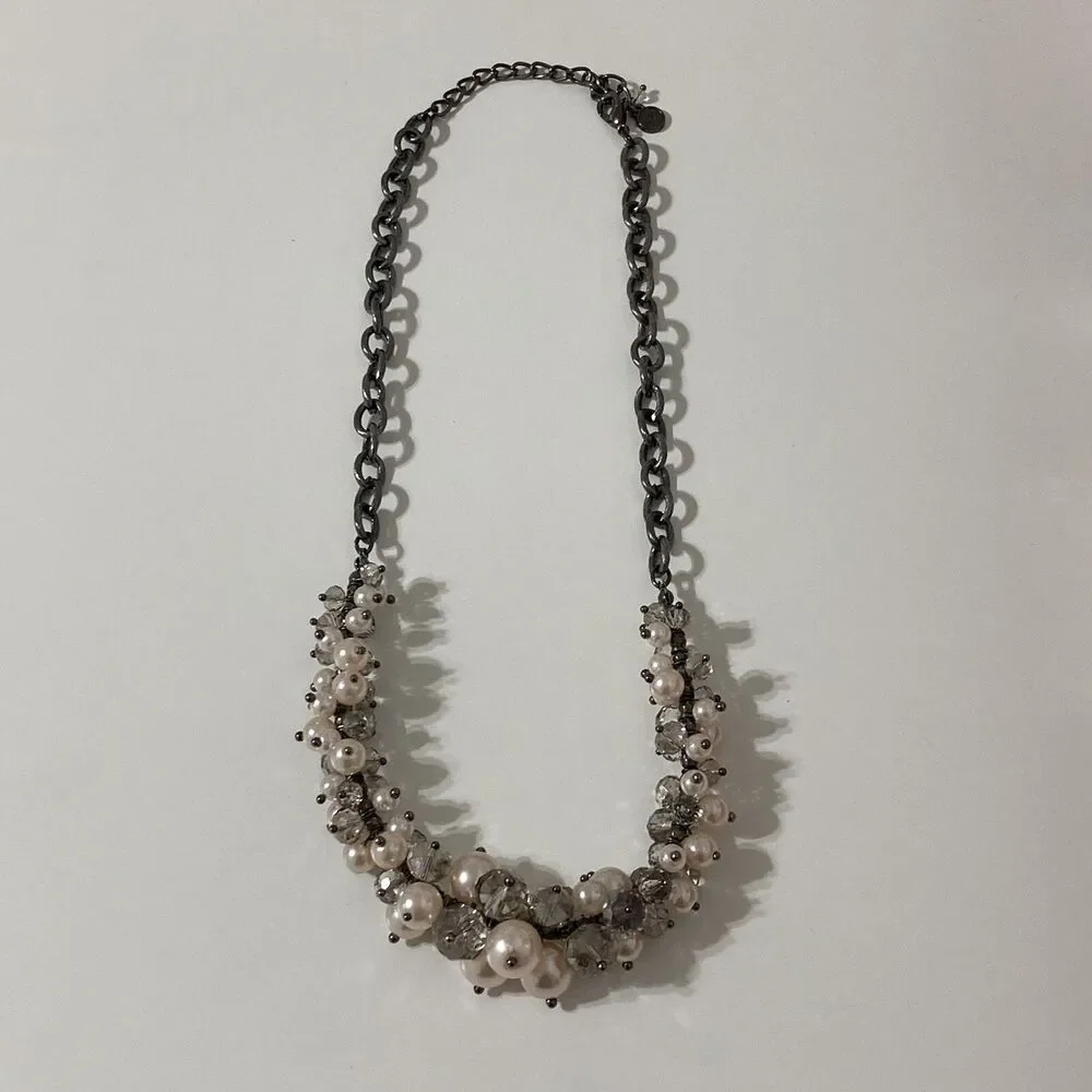 Bubble Bauble Pearl Beaded Silver Tone Gun Metal Chain Statement Necklace